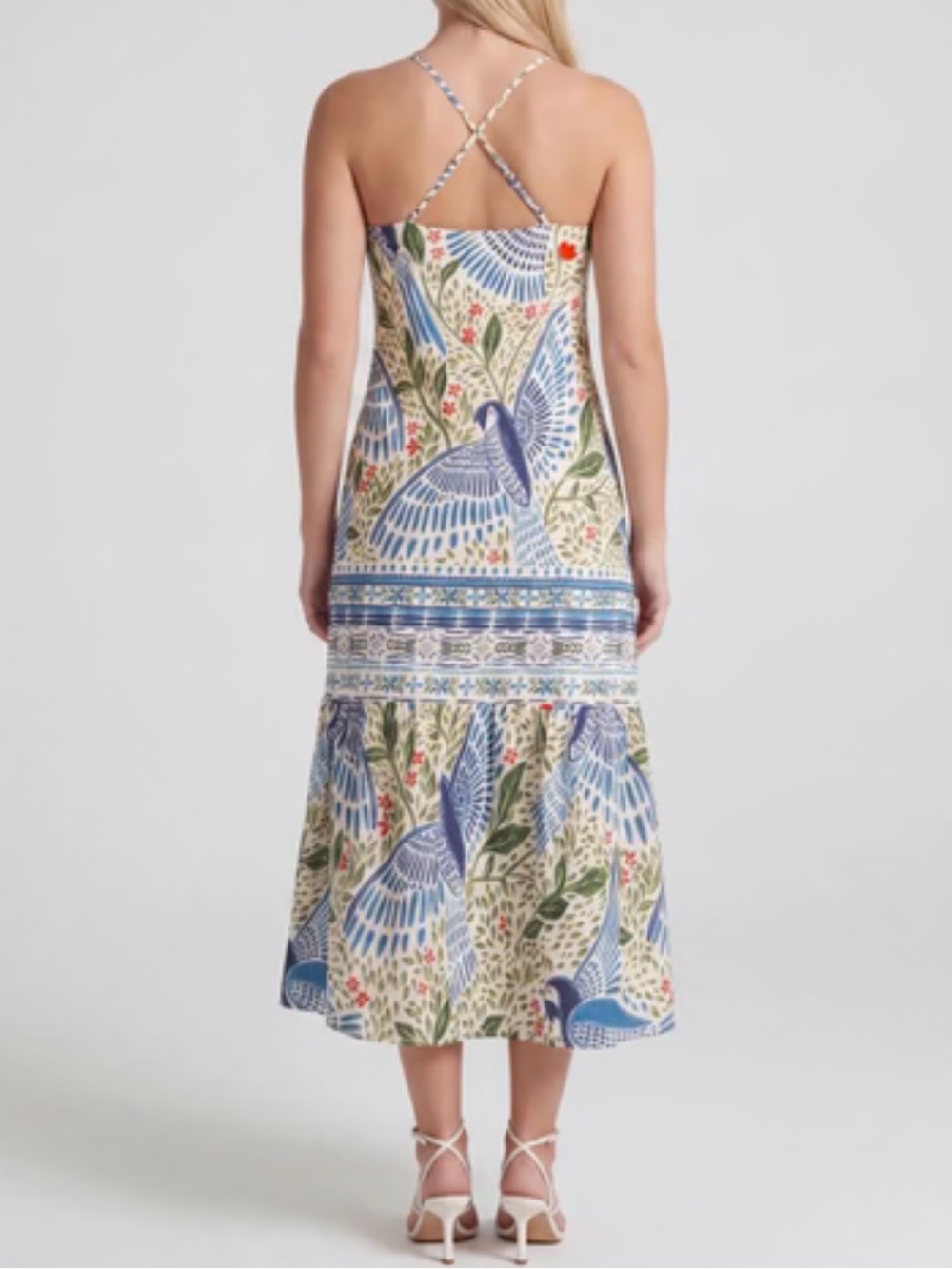 Tropical Bird Botanical Print Tiered Maxi Dress Resort Boho NWT - Picture 4 of 5